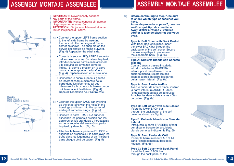 Warning, Assembly montaje assemblee | BabyTrend CA66301 - CLOSE N COZY BASSINET User Manual | Page 8 / 18