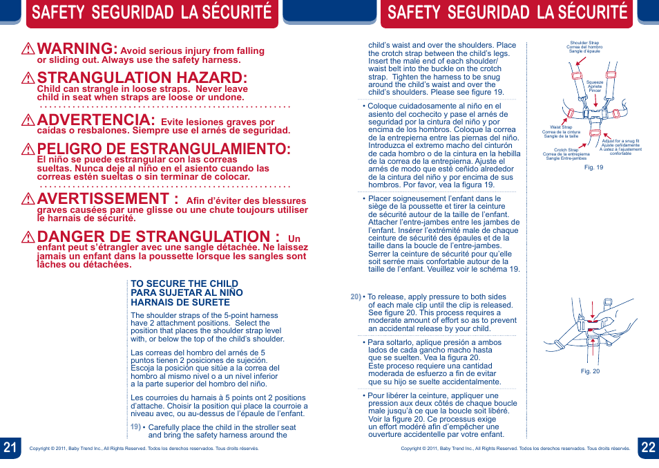 Safety seguridad la sécurité, Warning, Strangulation hazard | Advertencia, Peligro de estrangulamiento, Avertissement, Danger de strangulation | BabyTrend JG94504 - EXPEDITION JOGGER - HANNA User Manual | Page 12 / 16