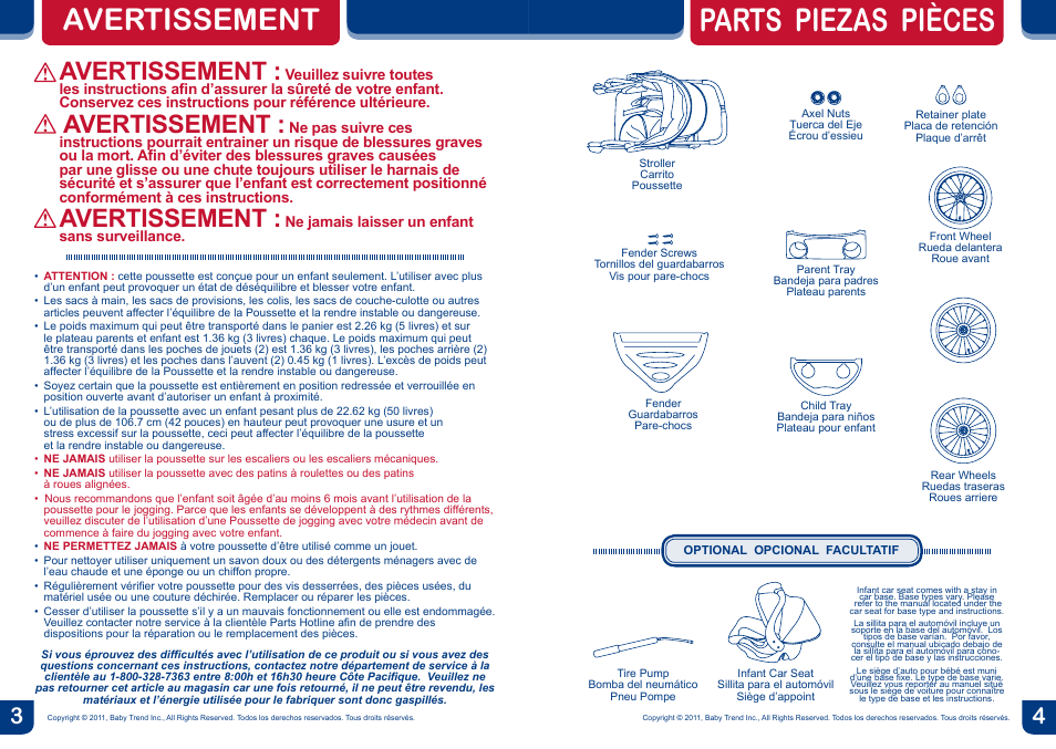 Parts piezas pièces, Avertissement | BabyTrend JG94504 - EXPEDITION JOGGER - HANNA User Manual | Page 3 / 16