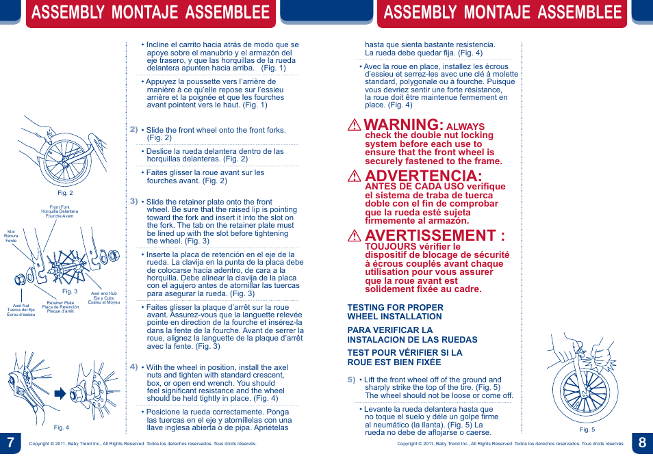 Assembly montaje assemblee, Warning, Advertencia | Avertissement | BabyTrend JG94504 - EXPEDITION JOGGER - HANNA User Manual | Page 5 / 16
