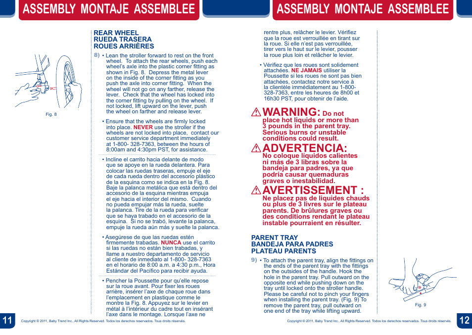 Assembly montaje assemblee, Warning, Advertencia | Avertissement | BabyTrend JG94504 - EXPEDITION JOGGER - HANNA User Manual | Page 7 / 16