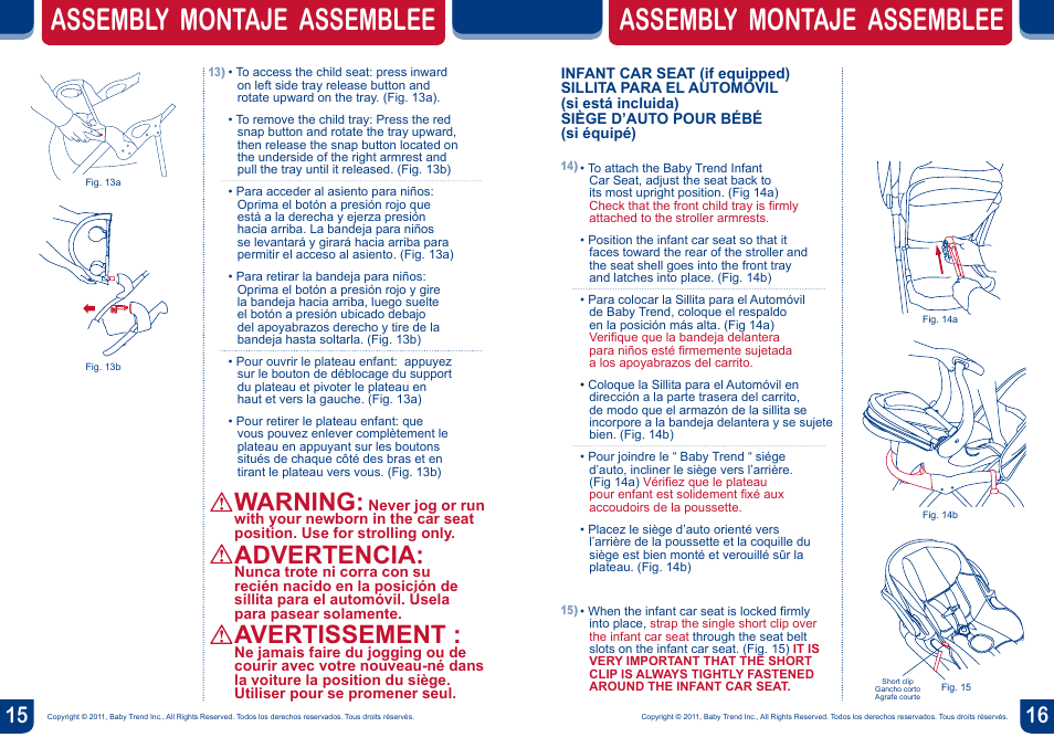 Assembly montaje assemblee, Warning, Advertencia | Avertissement | BabyTrend JG94504 - EXPEDITION JOGGER - HANNA User Manual | Page 9 / 16