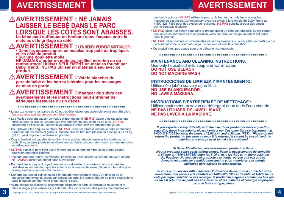 Avertissement | BabyTrend PY81128 - NURSERY CENTER - SCARLETT User Manual | Page 3 / 16