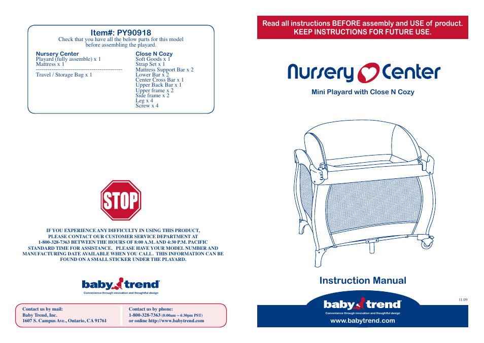 BabyTrend PY90918 - MINI NURSERY CENTER - TWILIGHT User Manual | 8 pages