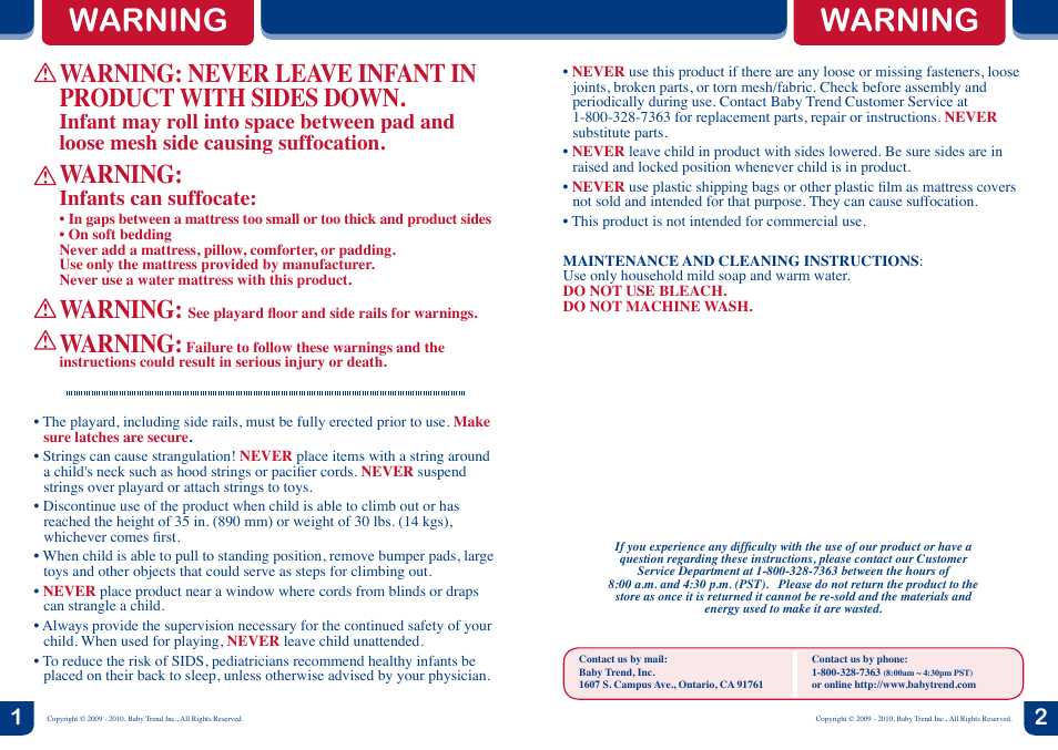 Warning, Infants can suffocate | BabyTrend PY90918 - MINI NURSERY CENTER - TWILIGHT User Manual | Page 2 / 8