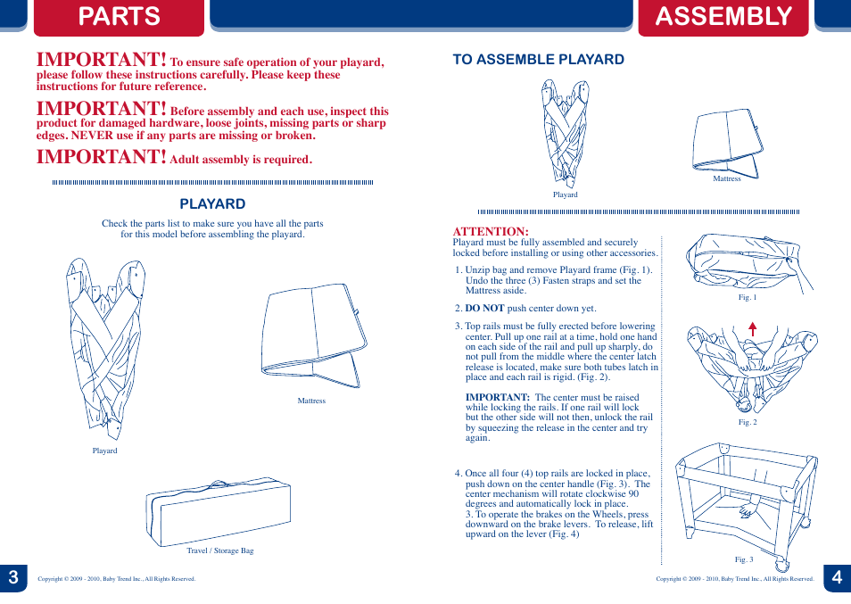 Parts, Assembly, Important | BabyTrend PY90918 - MINI NURSERY CENTER - TWILIGHT User Manual | Page 3 / 8