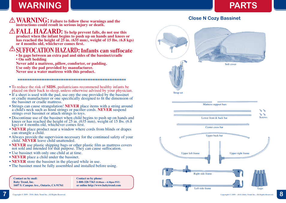 Warning, Parts, Fall hazard | Suffocation hazard, Infants can suffocate | BabyTrend PY90918 - MINI NURSERY CENTER - TWILIGHT User Manual | Page 5 / 8