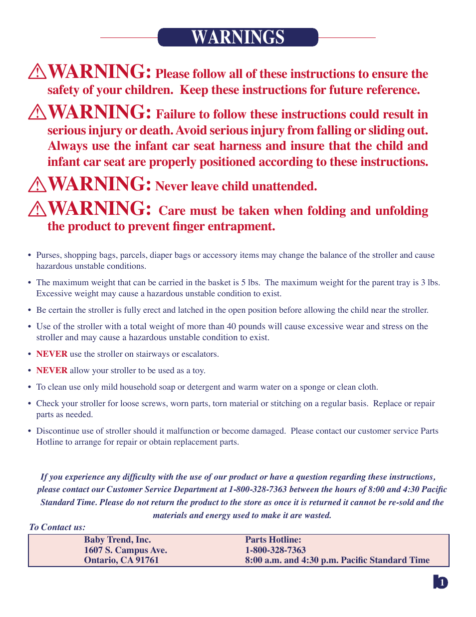 Warning, Warnings, Never leave child unattended | BabyTrend 1305R - SNAP-N-GO User Manual | Page 2 / 5