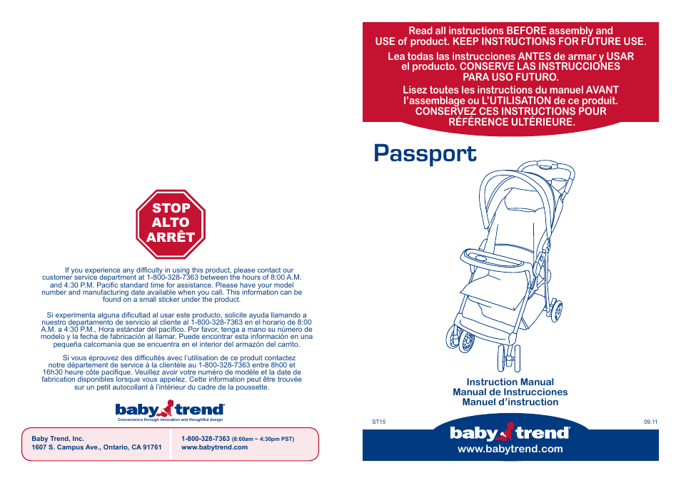 BabyTrend ST15946 - PASSPORT STROLLER - KIRA User Manual | 10 pages