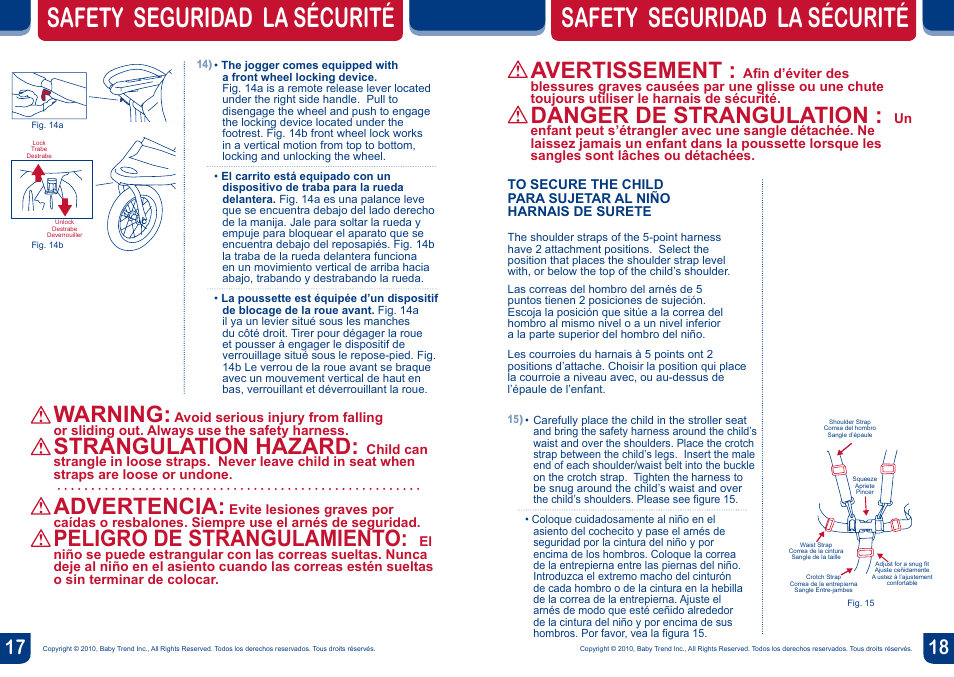 Safety seguridad la sécurité, Avertissement, Danger de strangulation | Warning, Strangulation hazard, Advertencia, Peligro de strangulamiento | BabyTrend DJ96045 - EXPEDITION DOUBLE JOGGER - SKYLAR User Manual | Page 10 / 14