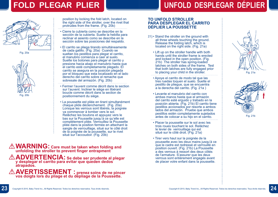 Unfold desplegar déplier fold plegar plier, Warning, Advertencia | Avertissement | BabyTrend DJ96045 - EXPEDITION DOUBLE JOGGER - SKYLAR User Manual | Page 13 / 14