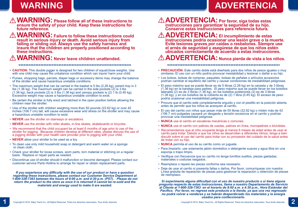 Warning, Advertencia | BabyTrend DJ96045 - EXPEDITION DOUBLE JOGGER - SKYLAR User Manual | Page 2 / 14