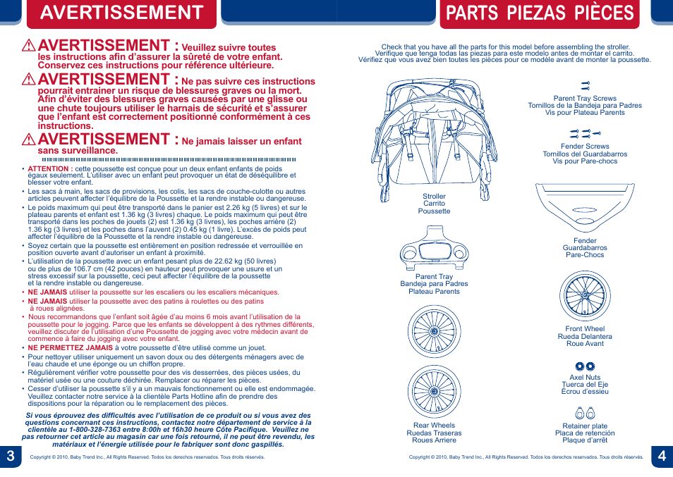 Parts piezas pièces, Avertissement | BabyTrend DJ96045 - EXPEDITION DOUBLE JOGGER - SKYLAR User Manual | Page 3 / 14