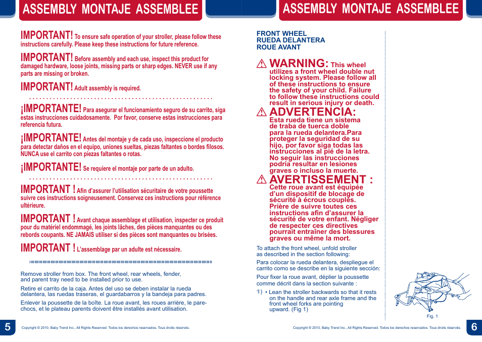 Assembly montaje assemblee, Warning, Advertencia | Avertissement, Important, Importante | BabyTrend DJ96045 - EXPEDITION DOUBLE JOGGER - SKYLAR User Manual | Page 4 / 14