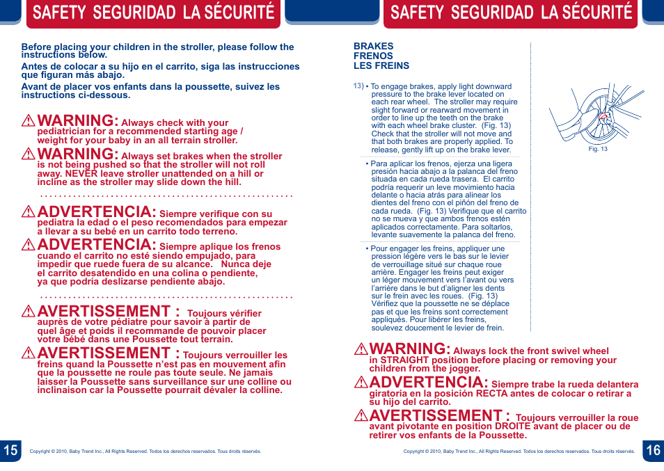 Safety seguridad la sécurité, Warning, Advertencia | Avertissement | BabyTrend DJ96045 - EXPEDITION DOUBLE JOGGER - SKYLAR User Manual | Page 9 / 14