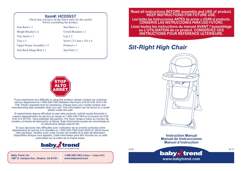 BabyTrend HC05713 - SIT-RIGHT HIGH CHAIR - MANDY User Manual | 14 pages