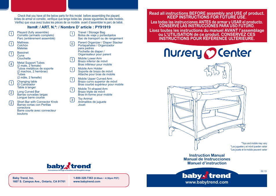 BabyTrend PY91919 - NURSERY CENTER - TURBY User Manual | 16 pages