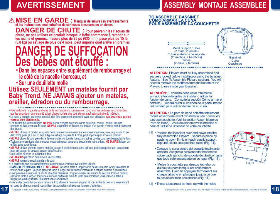 Danger de suffocation des bébés ont étouffé, Avertissement, Assembly montaje assemblee | Mise en garde, Danger de chute | BabyTrend PY91919 - NURSERY CENTER - TURBY User Manual | Page 10 / 16