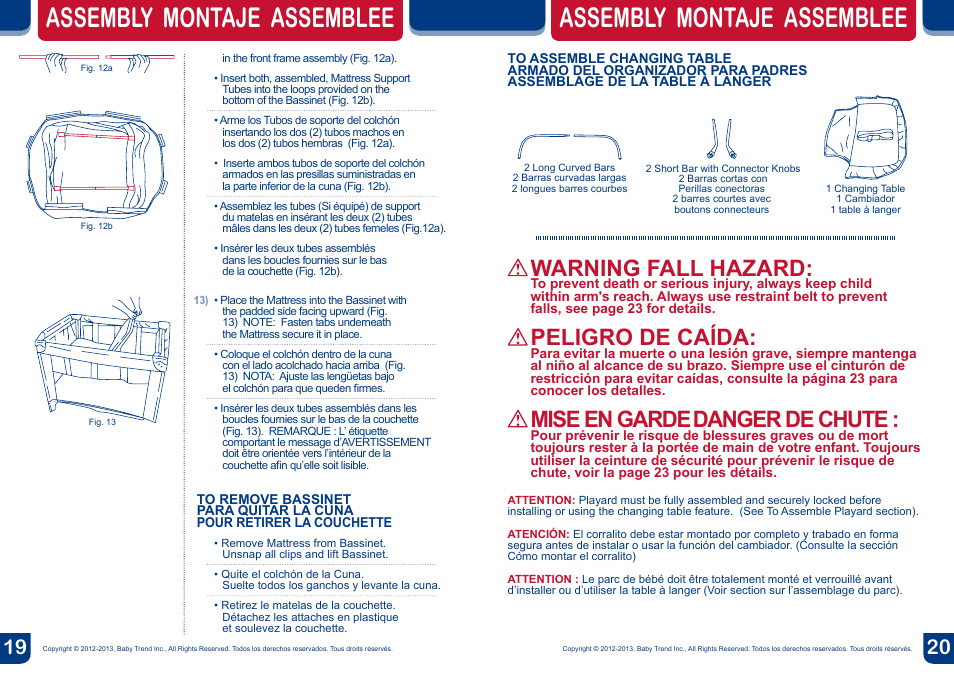 Assembly montaje assemblee, Warning fall hazard, Peligro de caída | Mise en garde, Danger de chute | BabyTrend PY91919 - NURSERY CENTER - TURBY User Manual | Page 11 / 16