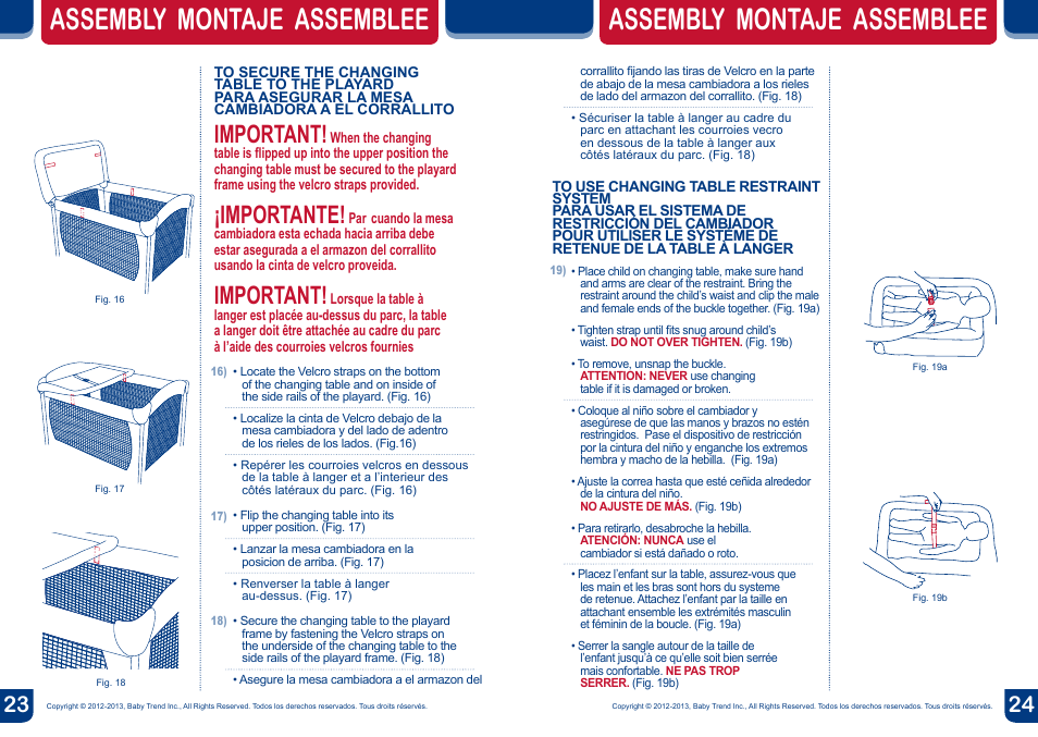 Assembly montaje assemblee, Important, Importante | BabyTrend PY91919 - NURSERY CENTER - TURBY User Manual | Page 13 / 16