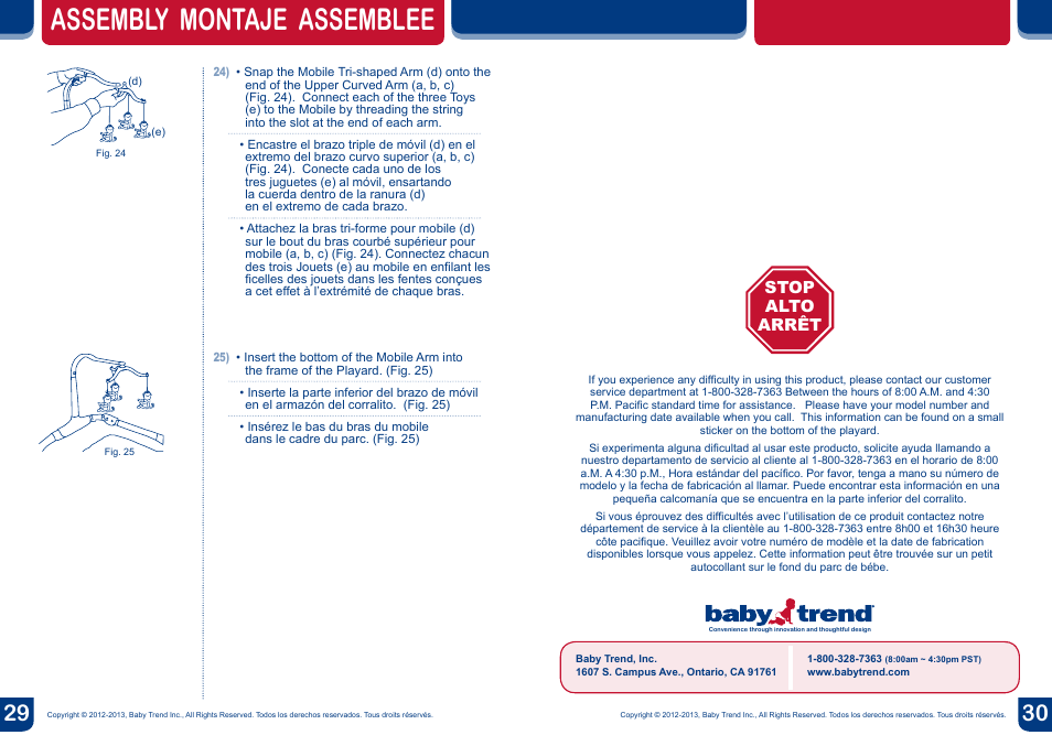 Assembly montaje assemblee, Stop arrêt alto, Stop alto arrêt | BabyTrend PY91919 - NURSERY CENTER - TURBY User Manual | Page 16 / 16