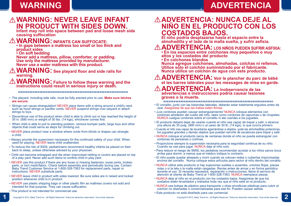 Warning, Advertencia | BabyTrend PY81970 - NURSERY CENTER - LITTLE LIONEL User Manual | Page 2 / 16