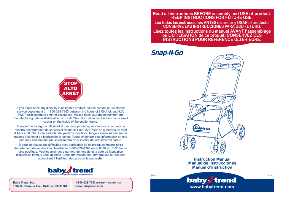 BabyTrend SG13105 - SNAP-N-GO EX UNIVERSAL INFANT CAR SEAT CARRIER User Manual | 8 pages