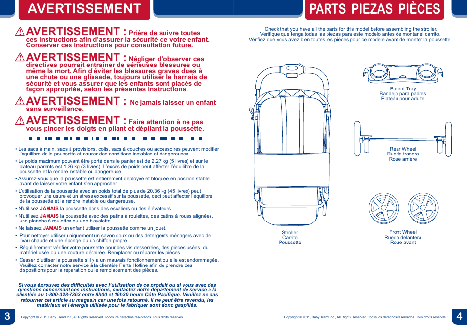 Parts piezas pièces, Avertissement | BabyTrend SG13105 - SNAP-N-GO EX UNIVERSAL INFANT CAR SEAT CARRIER User Manual | Page 3 / 8