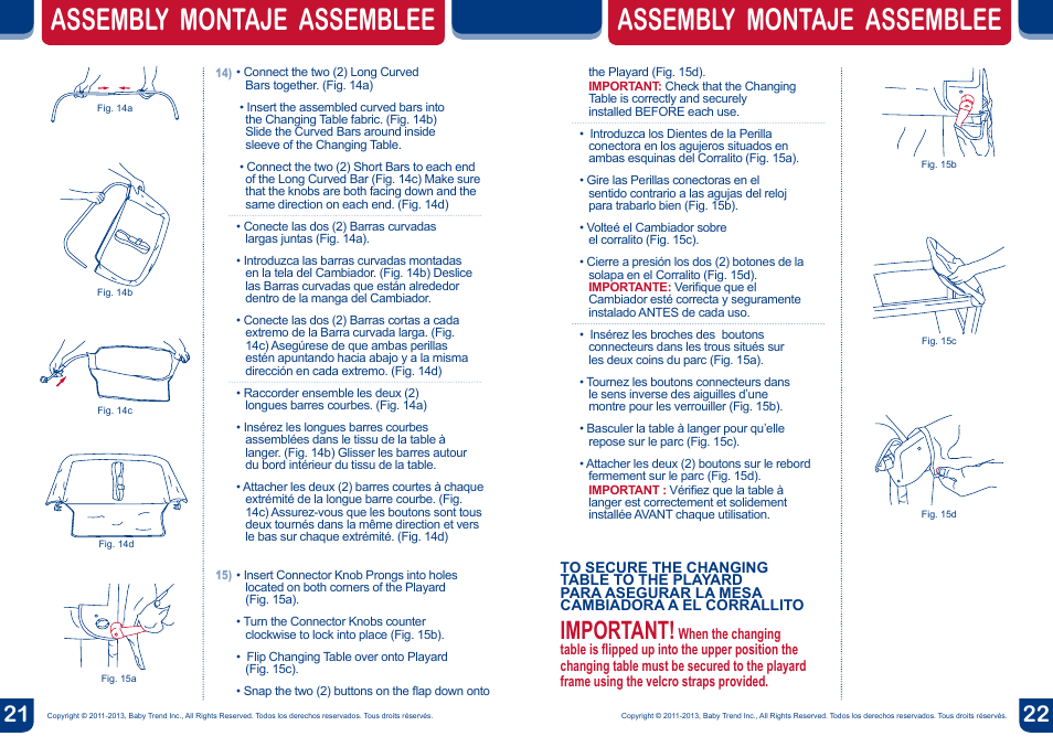 Assembly montaje assemblee, Important | BabyTrend PY81931 - NURSERY CENTER - MONKEY PLAID User Manual | Page 12 / 16