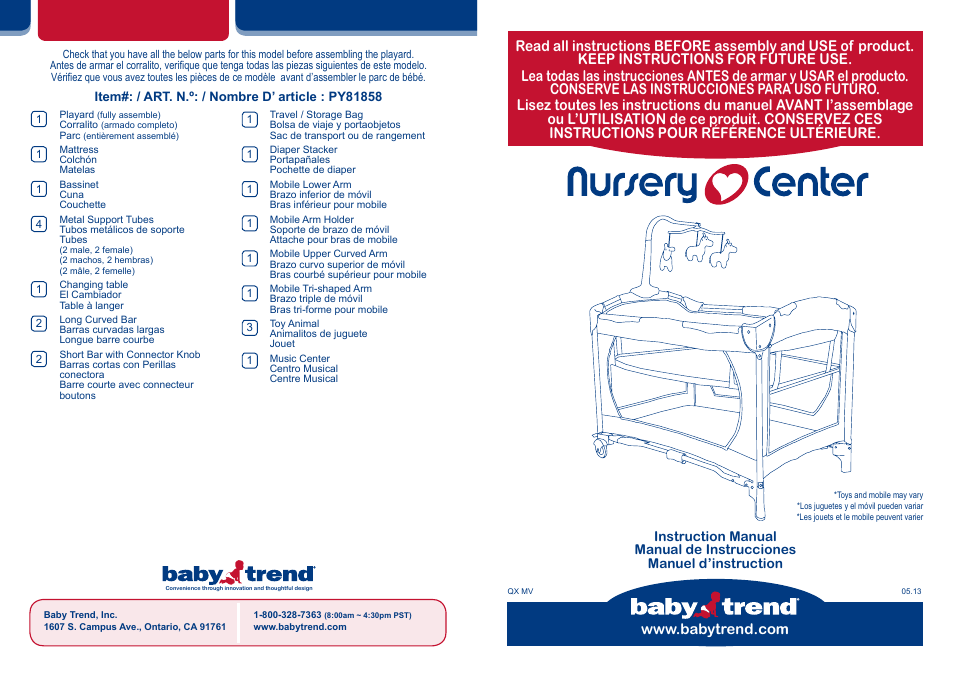 BabyTrend PY81858 - NURSERY CENTER - MOONLIGHT User Manual | 18 pages