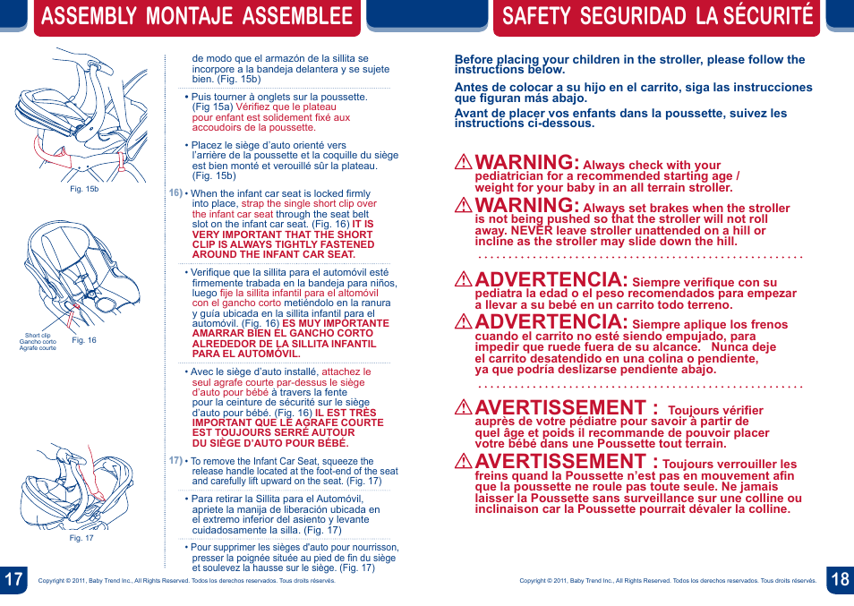 Assembly montaje assemblee, Safety seguridad la sécurité, Warning | Advertencia, Avertissement | BabyTrend TJ98017 - VELOCITY TRAVEL SYSTEM - VOLCANO User Manual | Page 10 / 16