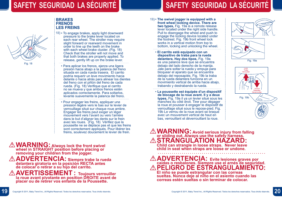 Safety seguridad la sécurité, Warning, Advertencia | Avertissement, Strangulation hazard, Peligro de estrangulamiento | BabyTrend TJ98017 - VELOCITY TRAVEL SYSTEM - VOLCANO User Manual | Page 11 / 16