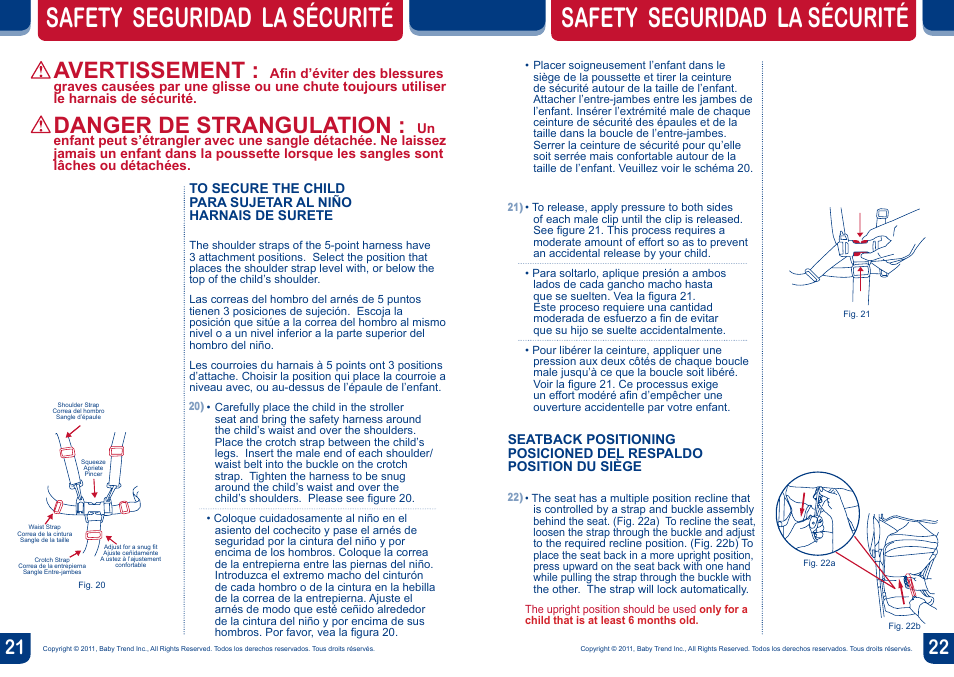 Safety seguridad la sécurité, Avertissement, Danger de strangulation | BabyTrend TJ98017 - VELOCITY TRAVEL SYSTEM - VOLCANO User Manual | Page 12 / 16