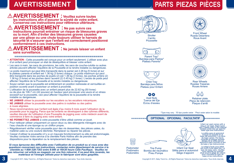 Parts piezas pièces, Avertissement | BabyTrend TJ98017 - VELOCITY TRAVEL SYSTEM - VOLCANO User Manual | Page 3 / 16