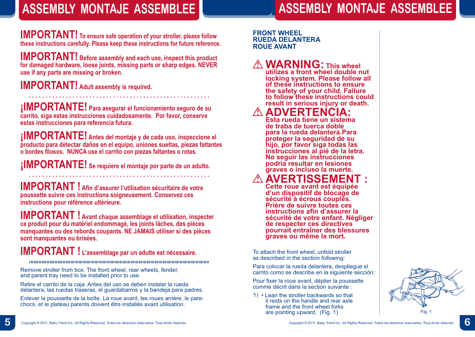 Assembly montaje assemblee, Important, Importante | Warning, Advertencia, Avertissement | BabyTrend TJ98017 - VELOCITY TRAVEL SYSTEM - VOLCANO User Manual | Page 4 / 16