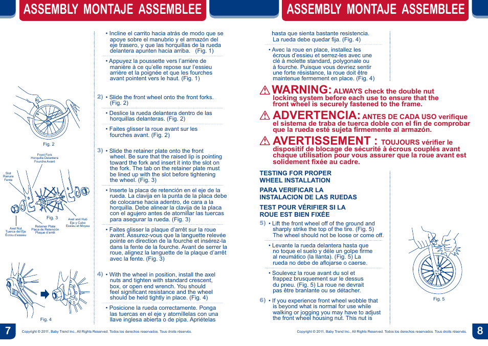 Assembly montaje assemblee, Warning, Advertencia | Avertissement | BabyTrend TJ98017 - VELOCITY TRAVEL SYSTEM - VOLCANO User Manual | Page 5 / 16