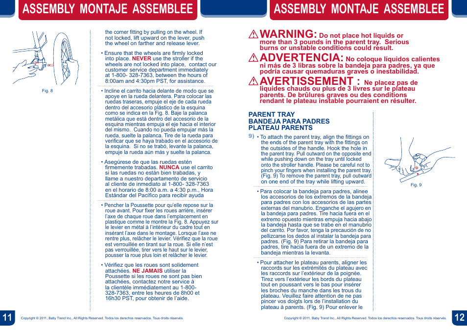 Assembly montaje assemblee, Warning, Advertencia | Avertissement | BabyTrend TJ98017 - VELOCITY TRAVEL SYSTEM - VOLCANO User Manual | Page 7 / 16