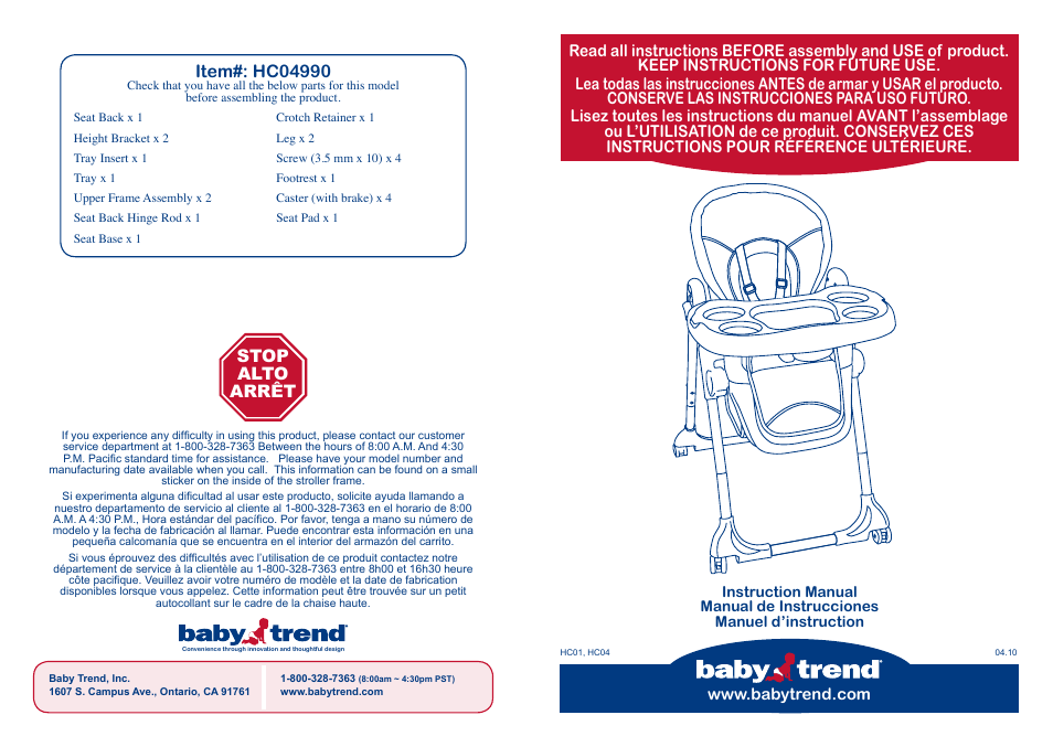 BabyTrend HC04990 - TREND HIGH CHAIR - MONKEY AROUND User Manual | 14 pages