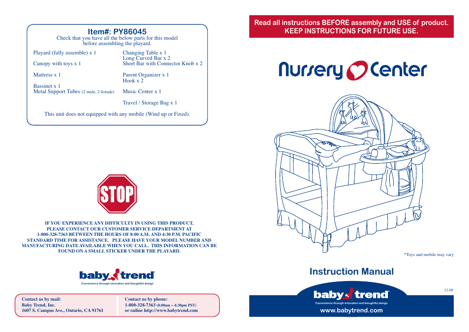 BabyTrend PY86045 - DELUXE NURSERY CENTER - SKYLAR User Manual | 10 pages