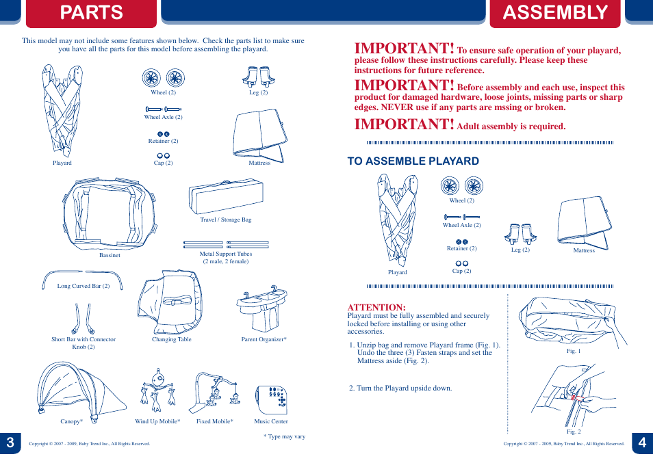 Parts, Assembly, Important | BabyTrend PY86045 - DELUXE NURSERY CENTER - SKYLAR User Manual | Page 3 / 10