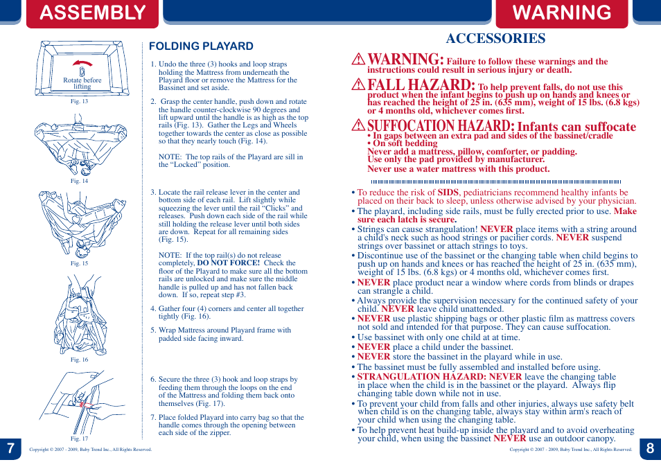 Assembly warning, Warning, Fall hazard | Suffocation hazard, Accessories, Infants can suffocate | BabyTrend PY86045 - DELUXE NURSERY CENTER - SKYLAR User Manual | Page 5 / 10
