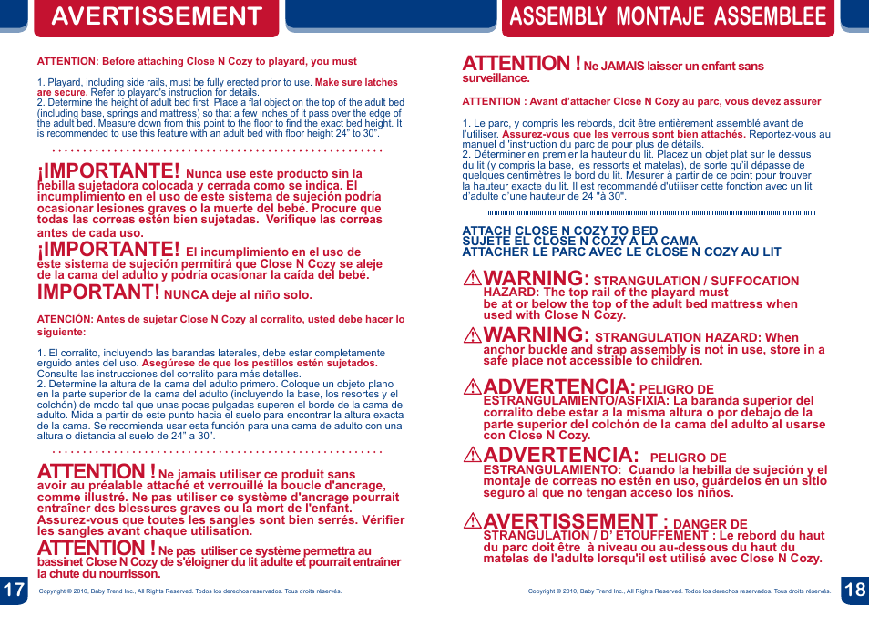 Avertissement assembly montaje assemblee, Importante, Important | Attention, Warning, Advertencia, Avertissement | BabyTrend PY87983 - DELUXE NURSERY CENTER - ALL STAR User Manual | Page 10 / 12