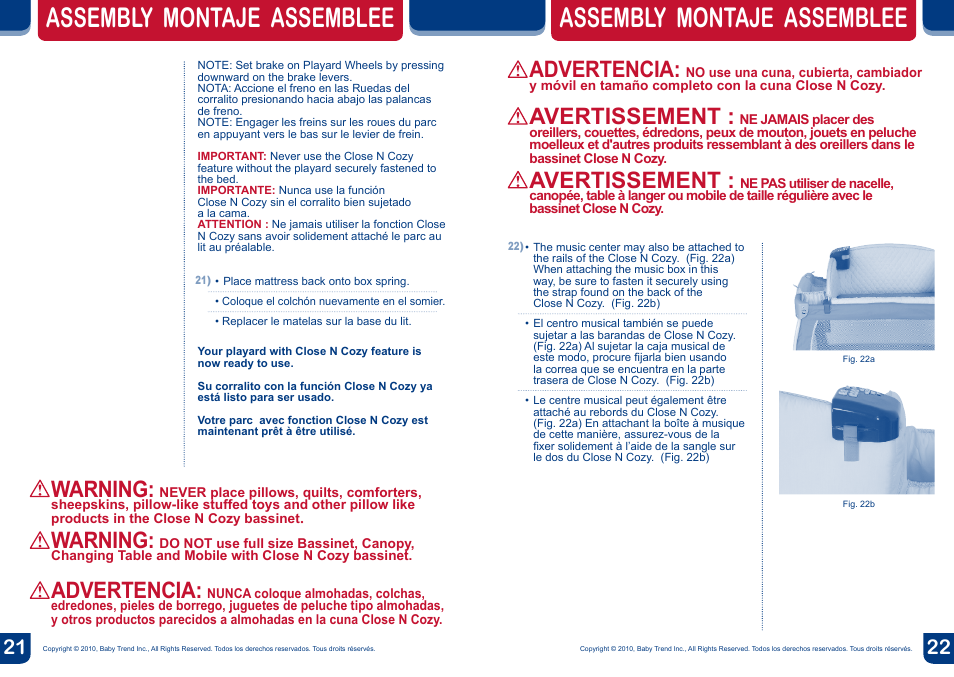 Assembly montaje assemblee, Advertencia, Avertissement | Warning | BabyTrend PY87983 - DELUXE NURSERY CENTER - ALL STAR User Manual | Page 12 / 12