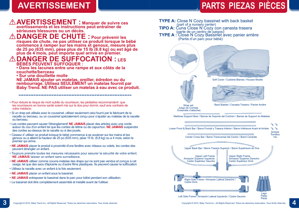 Parts piezas pièces, Avertissement, Danger de chute | Danger de suffocation | BabyTrend PY87983 - DELUXE NURSERY CENTER - ALL STAR User Manual | Page 3 / 12