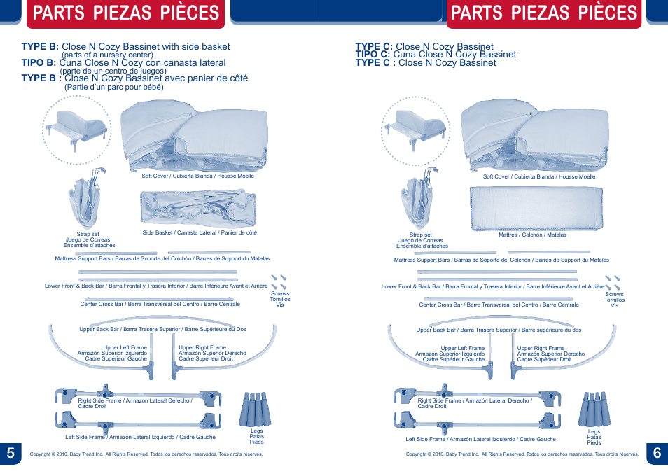 Parts piezas pièces, Type b: close n cozy bassinet with side basket, Tipo b: cuna close n cozy con canasta lateral | Type b : close n cozy bassinet avec panier de côté | BabyTrend PY87983 - DELUXE NURSERY CENTER - ALL STAR User Manual | Page 4 / 12