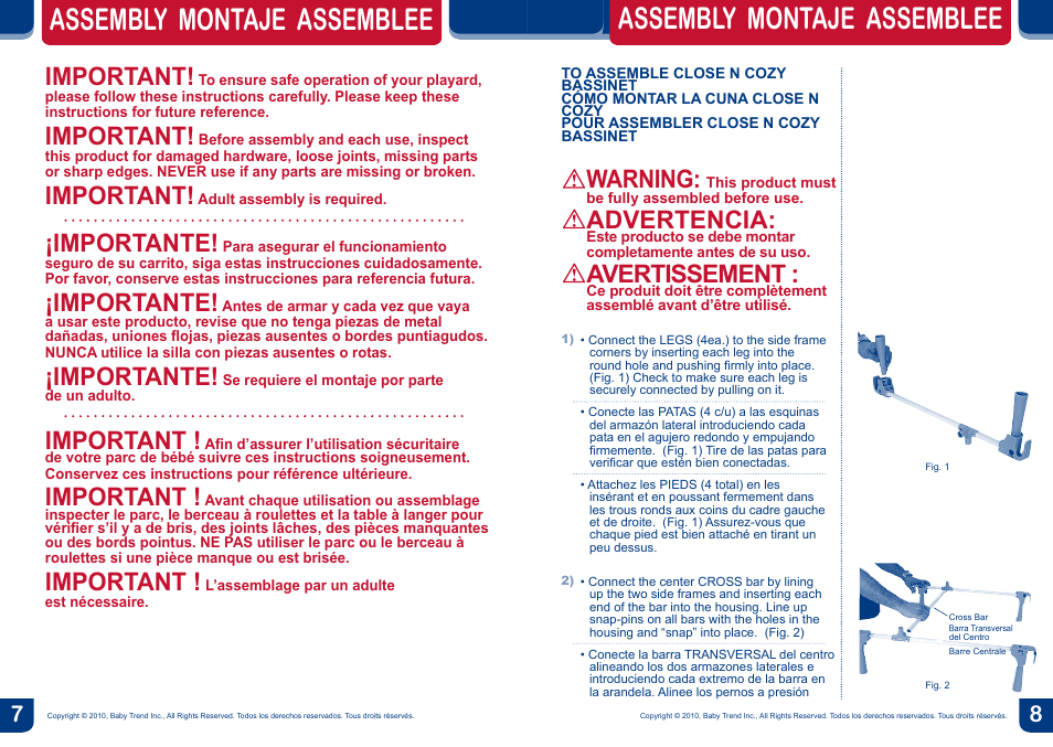 Assembly montaje assemblee, Warning, Advertencia | Avertissement, Important, Importante | BabyTrend PY87983 - DELUXE NURSERY CENTER - ALL STAR User Manual | Page 5 / 12