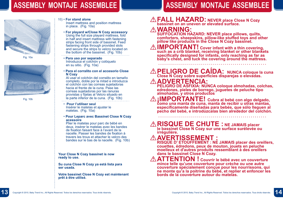 Assembly montaje assemblee, Fall hazard, Warning | Important, Peligro de caída, Advertencia, Importante, Risque de chute, Avertissement, Attention | BabyTrend PY87983 - DELUXE NURSERY CENTER - ALL STAR User Manual | Page 8 / 12