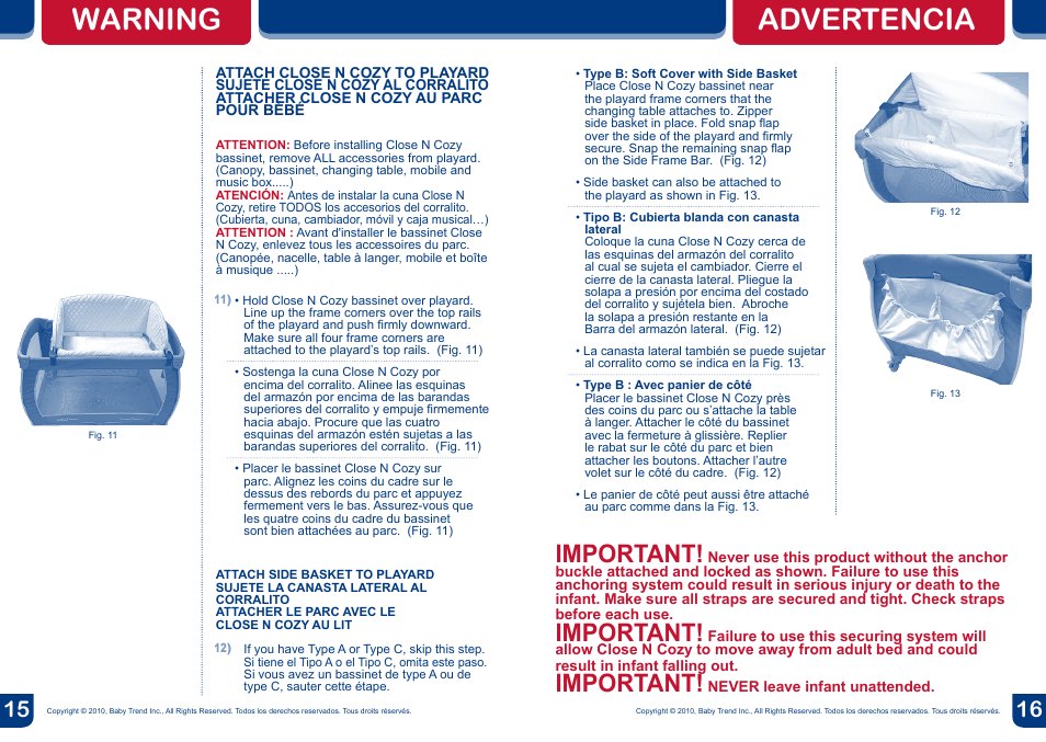 Warning advertencia, Important | BabyTrend PY87983 - DELUXE NURSERY CENTER - ALL STAR User Manual | Page 9 / 12