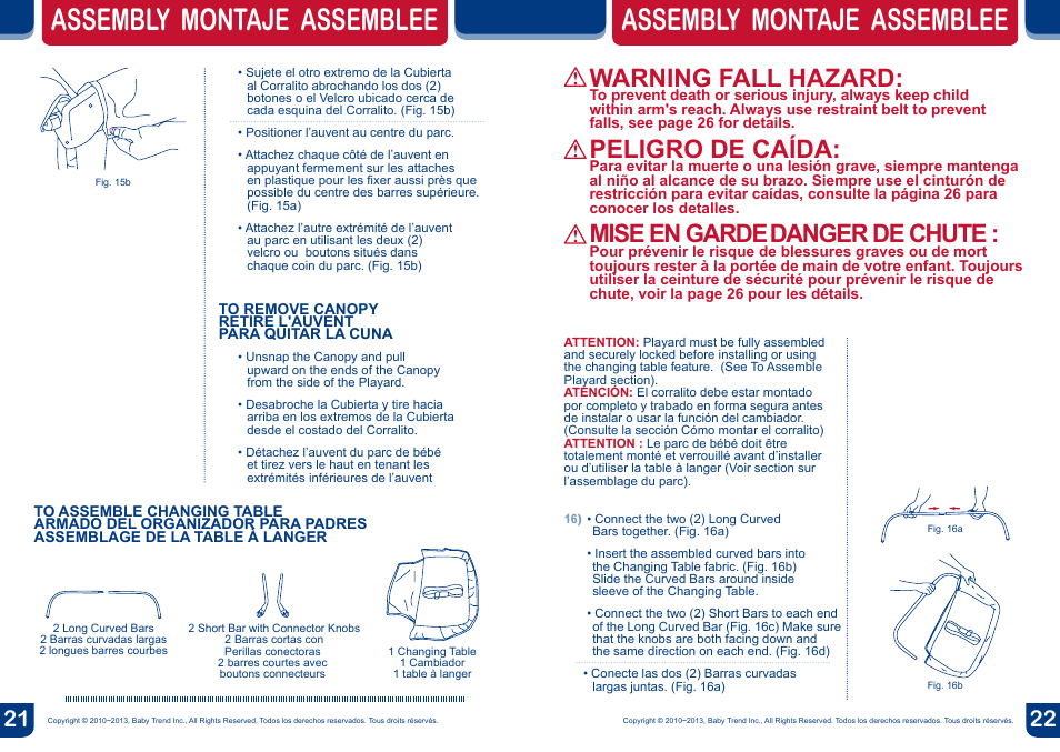 Assembly montaje assemblee, Warning fall hazard, Peligro de caída | Mise en garde, Danger de chute | BabyTrend PY87966 - DELUXE NURSERY CENTER - CHLOE User Manual | Page 12 / 20