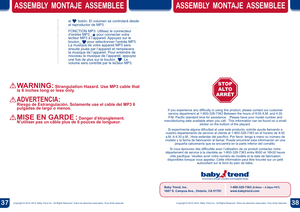 Warning, Assembly montaje assemblee, Advertencia | Mise en garde, Stop arrêt alto | BabyTrend PY87966 - DELUXE NURSERY CENTER - CHLOE User Manual | Page 20 / 20